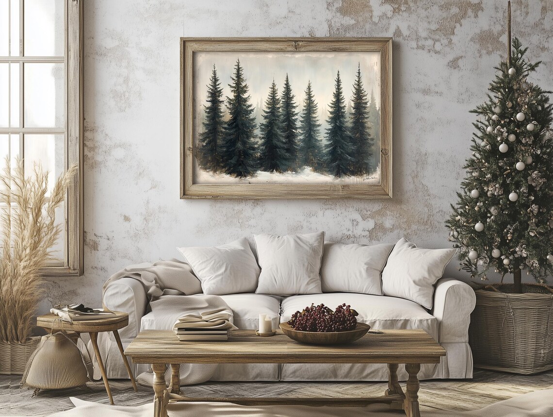 Seven Snowy Pine Trees In Winter Mist Minimalist Vintage Forest Poster - Image 6