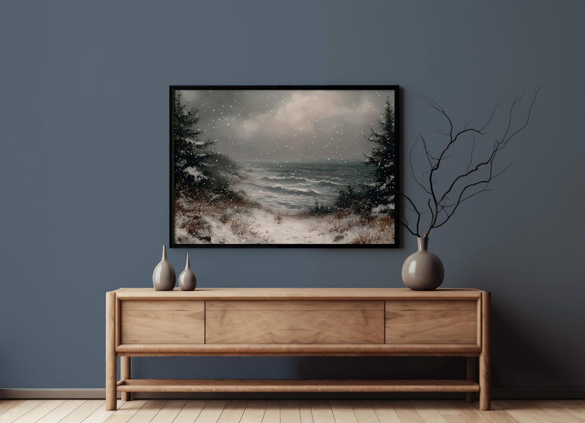 Snowy Seascape with Pines and Rolling Waves Winter Art Poster - Image 5