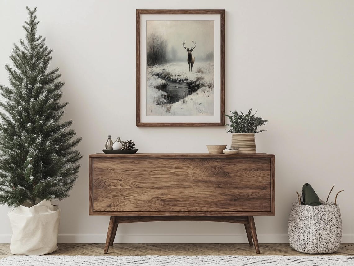 Noble Stag Beside a Misty Snowy Winter Stream Wildlife Poster