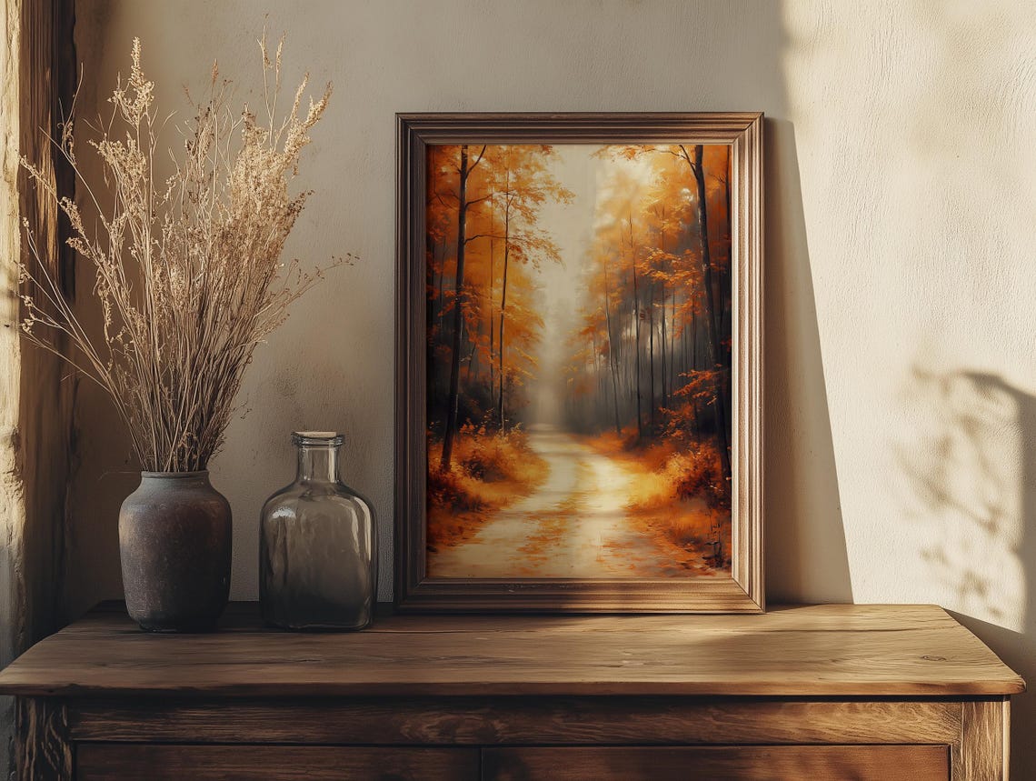 Golden Autumn Forest Path Between Towering Trees In Soft Mist Poster - Image 6