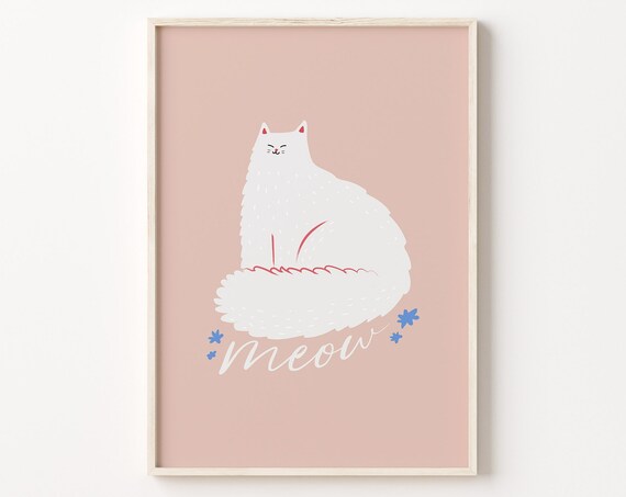 White Persian Cat Meow Cute Cartoon Pink Nursery Kitty Poster