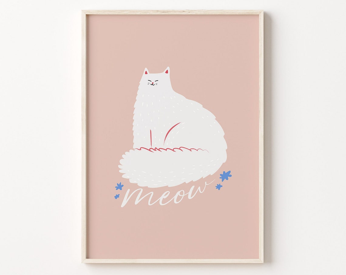 White Persian Cat Meow Cute Cartoon Pink Nursery Kitty Poster