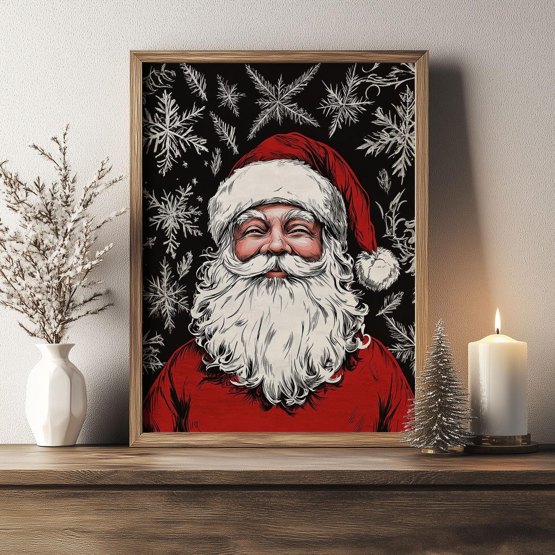 Smiling Santa Claus Portrait on Black Snowflake Background Poster - Image 3