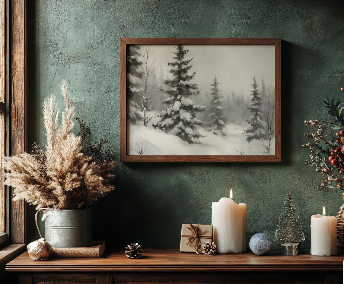 Misty Snow Covered Pine Forest Winter Landscape Oil Painting Poster - Image 6
