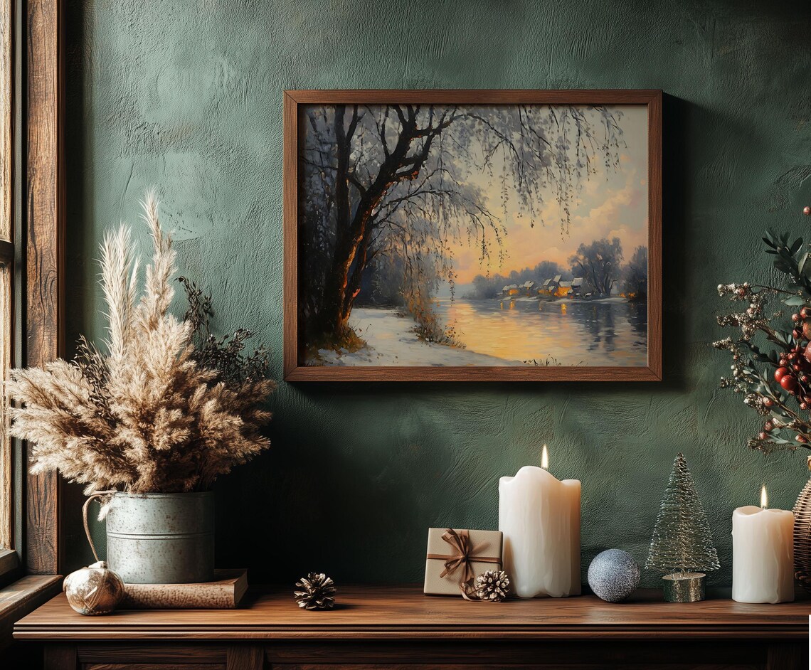 Winter Riverside Sunset Willow Trees Glowing Village Oil Painting Poster - Image 2
