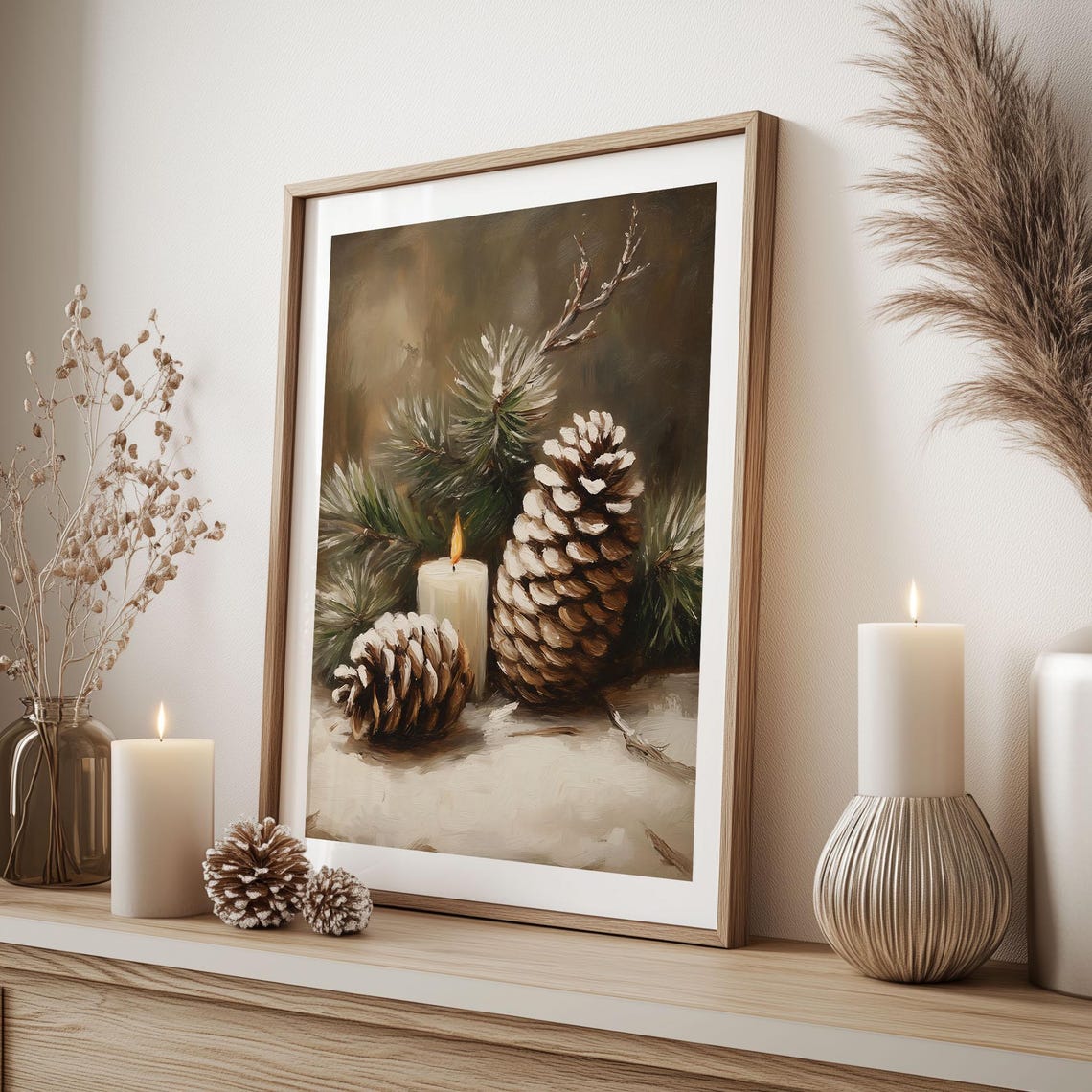 Pine Cones and Lit Candle Still Life Rustic Winter Decor Poster - Image 2