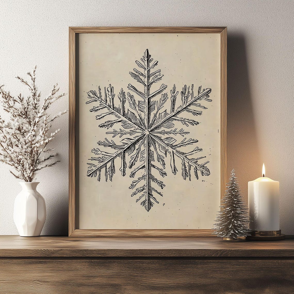 Vintage Botanical Snowflake Pencil Sketch Cream Background Poster - Image 4