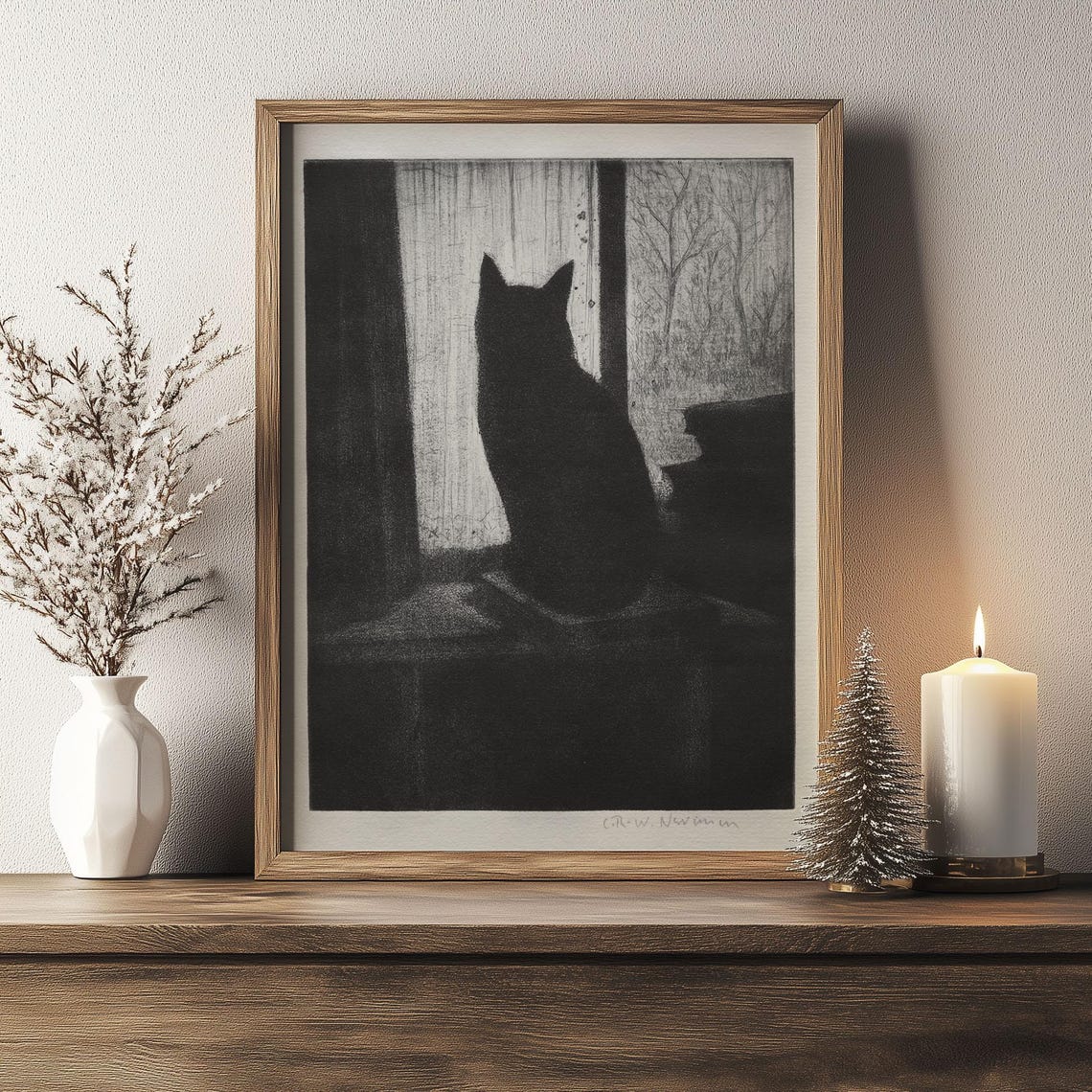 Black Cat Silhouette at Window Charcoal Drawing Vintage Poster - Image 2