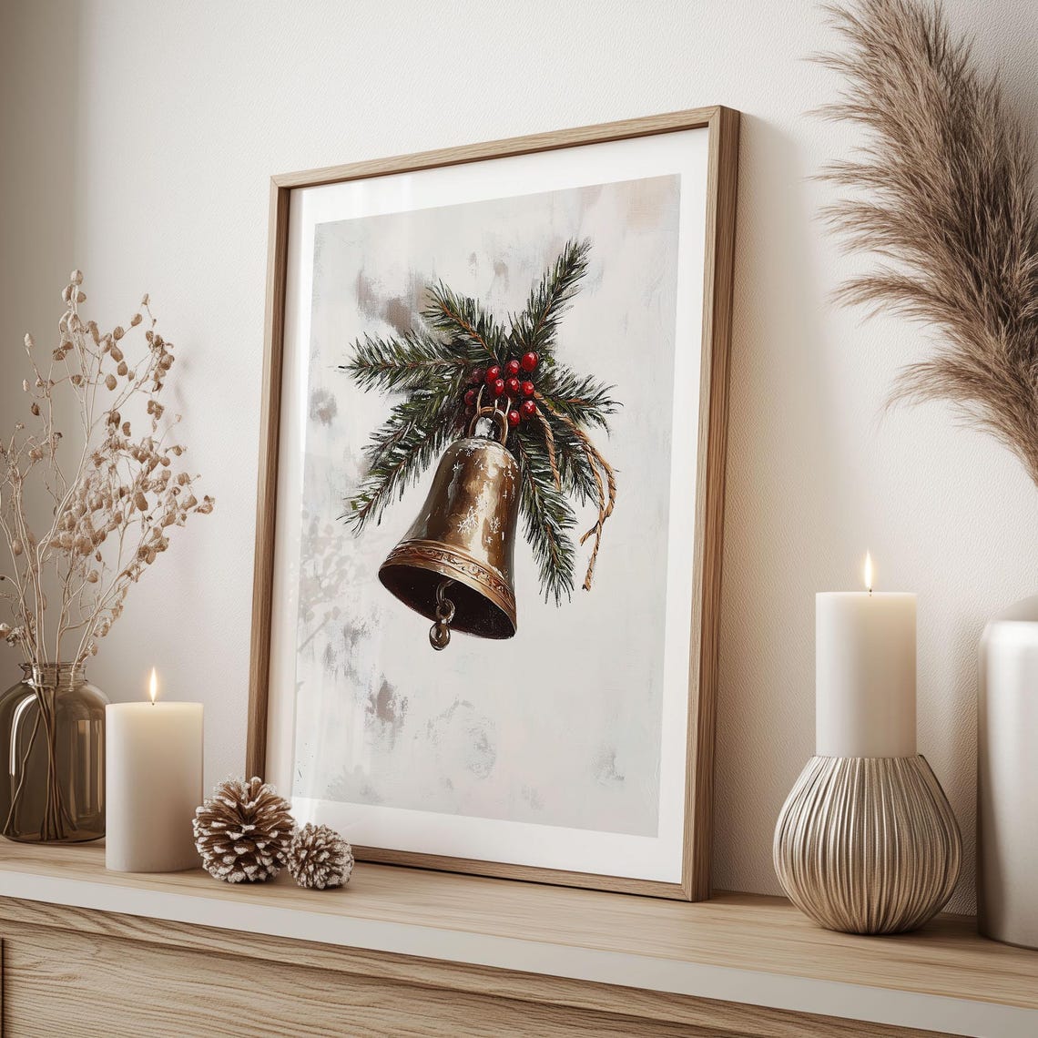 Rustic Brass Bell with Pine Branch and Red Berries Christmas Poster - Image 5