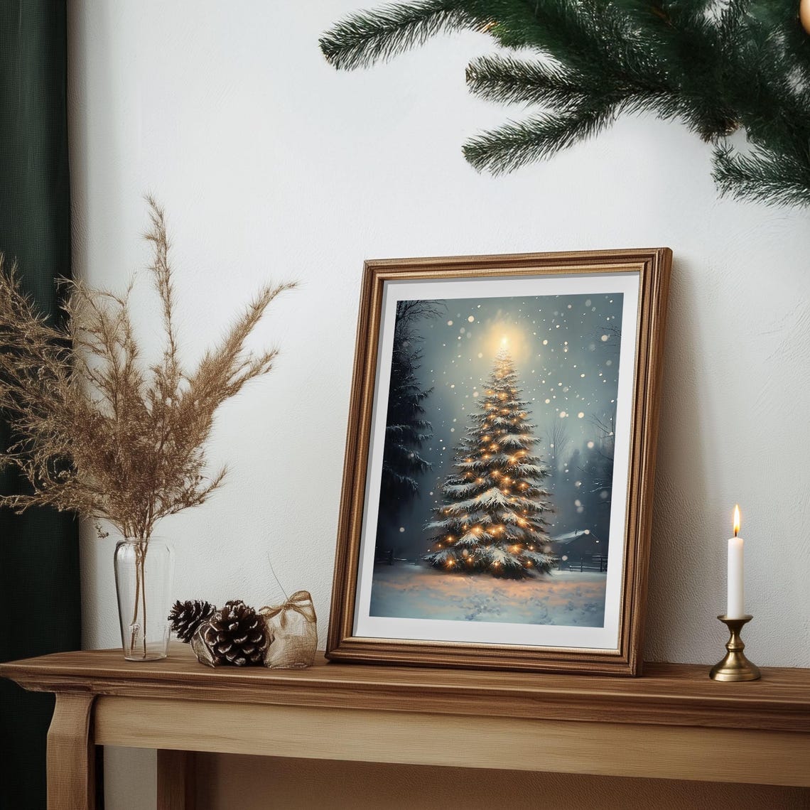 Lit Christmas Tree in Snowy Night with Glowing Lights Holiday Poster - Image 3