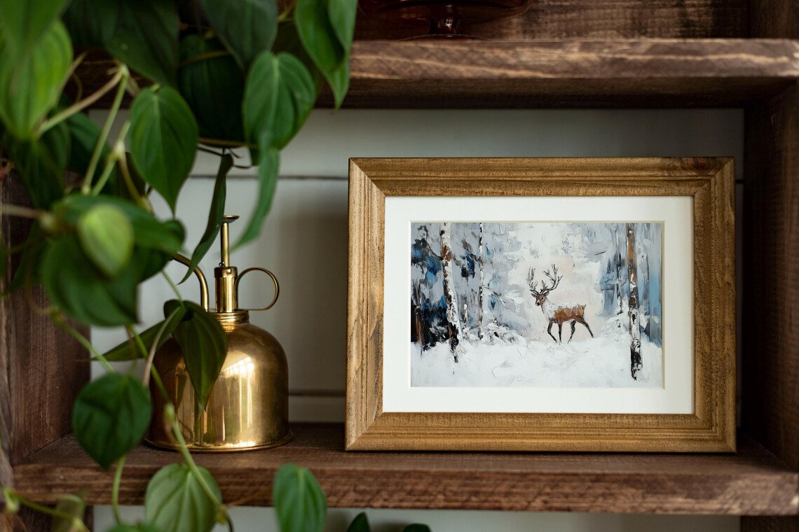 Reindeer Stag in Blue Snowy Forest Loose Winter Oil Painting Poster - Image 2