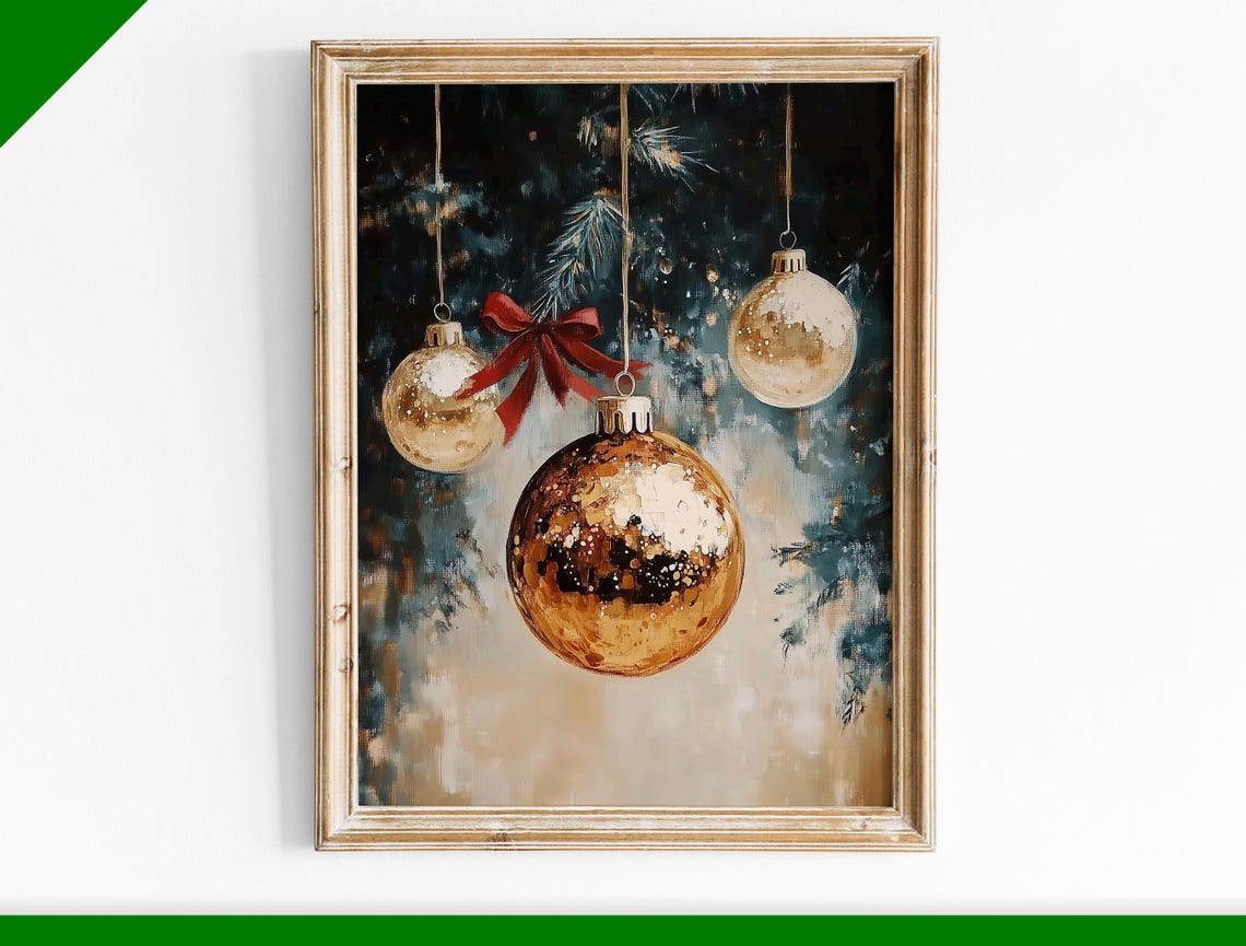 Gold Baubles with Red Bow Impressionist Christmas Ornament Poster