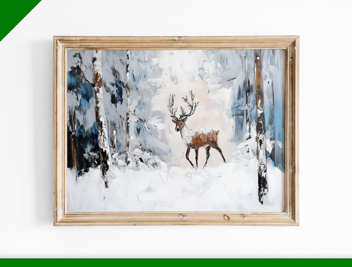Reindeer Stag in Blue Snowy Forest Loose Winter Oil Painting Poster
