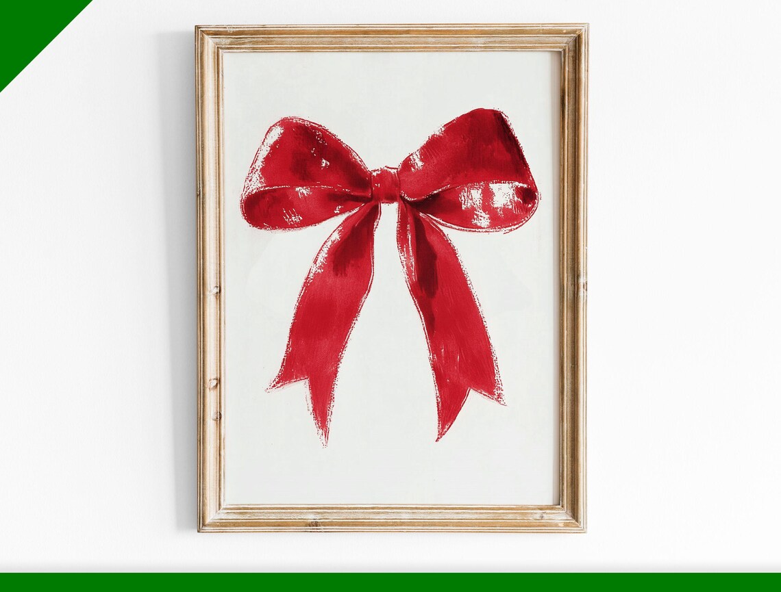 Bright Red Ribbon Bow Watercolor Painting Minimalist Wall Art
