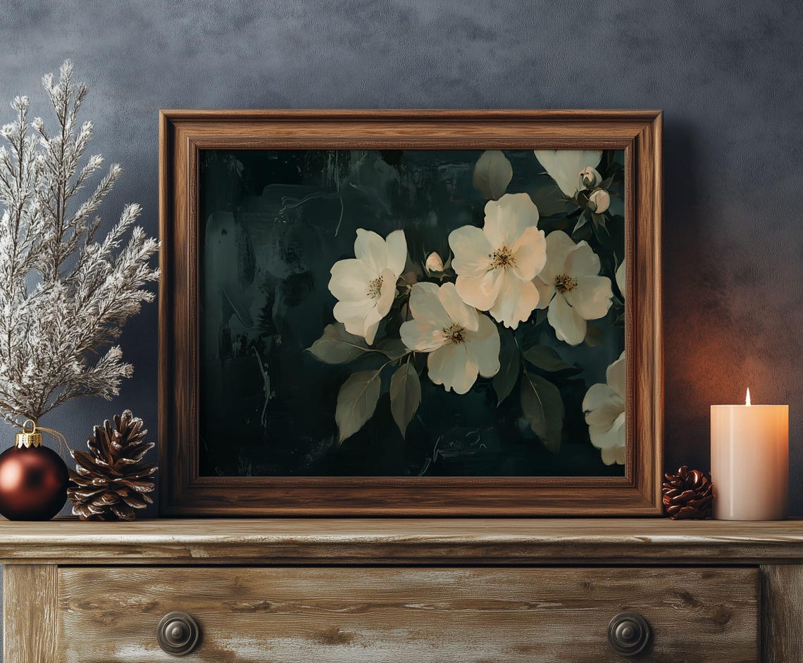 White Blossoms on Dark Ground Moody Floral Oil Painting Poster - Image 2