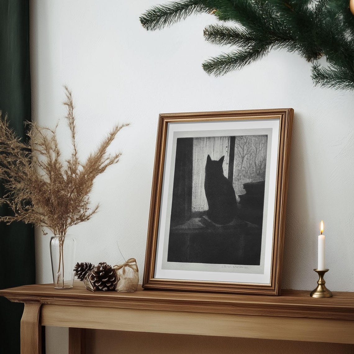 Black Cat Silhouette at Window Charcoal Drawing Vintage Poster - Image 7