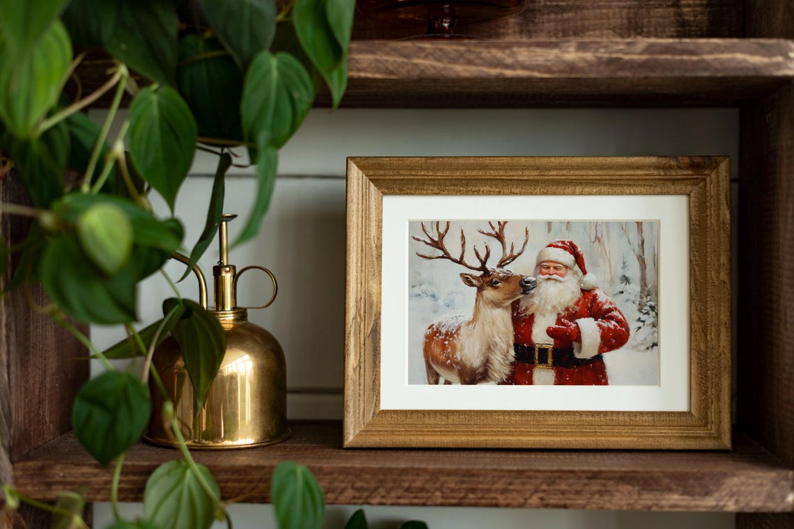 Santa Claus with Reindeer Nuzzling in Snowy Woods Christmas Poster - Image 3
