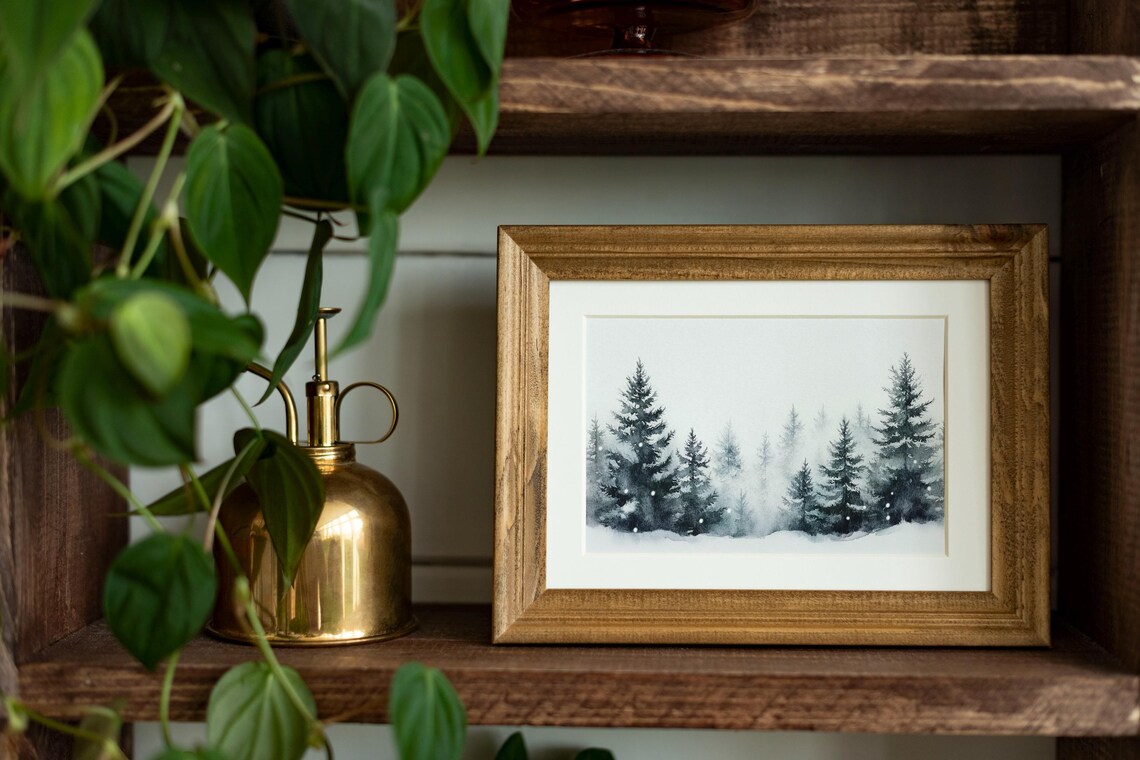 Misty Snowy Pine Trees Winter Watercolor Forest Landscape Poster - Image 2