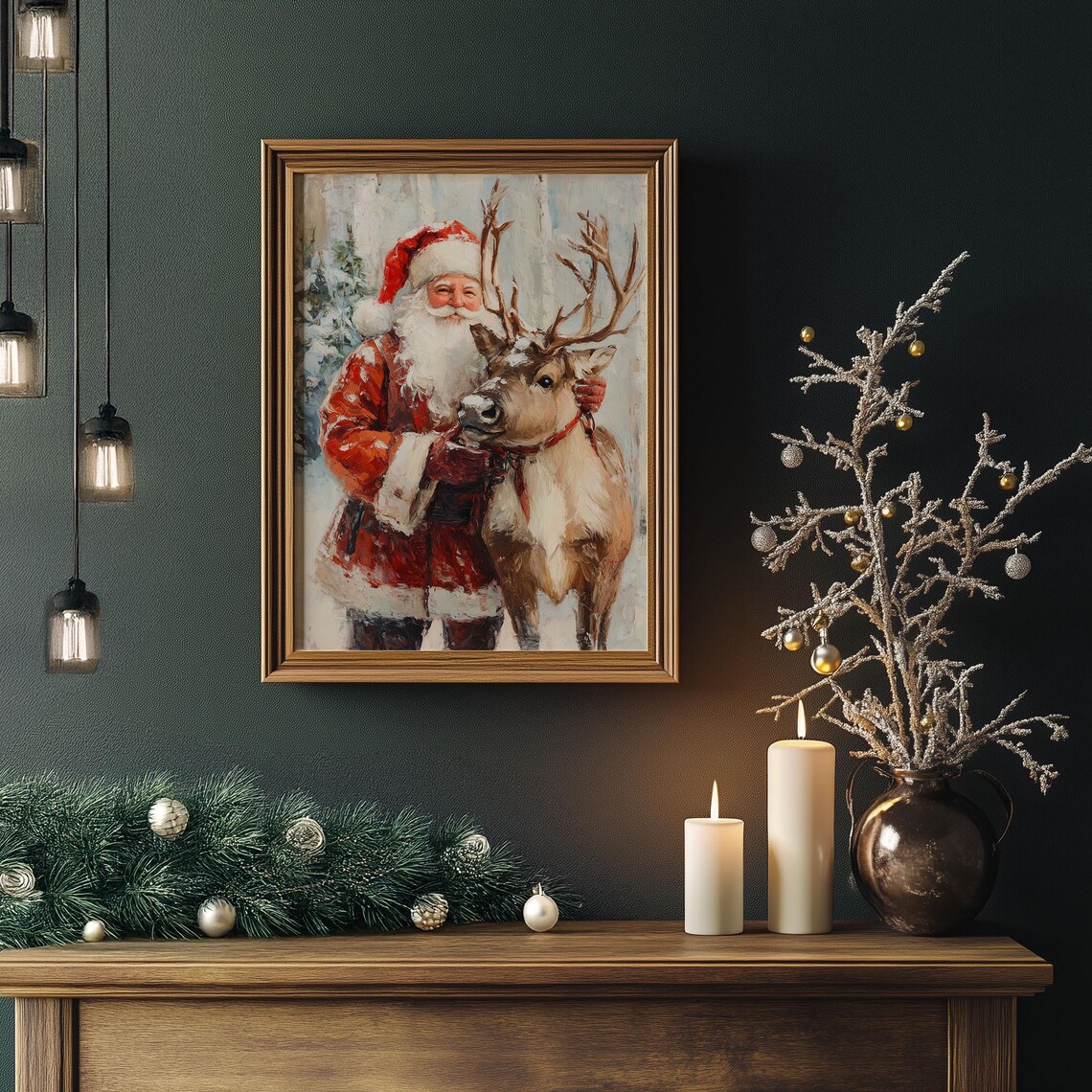 Santa Claus Hugging a Reindeer in the Snow Christmas Painting Poster - Image 5