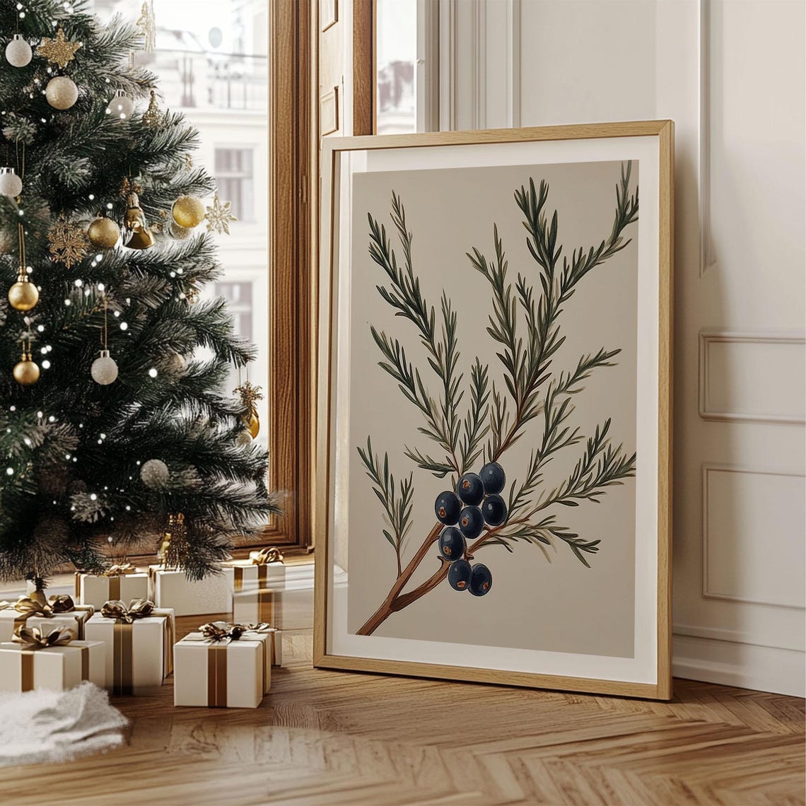 Juniper Branch With Dark Berries Vintage Botanical Winter Wall Art - Image 4