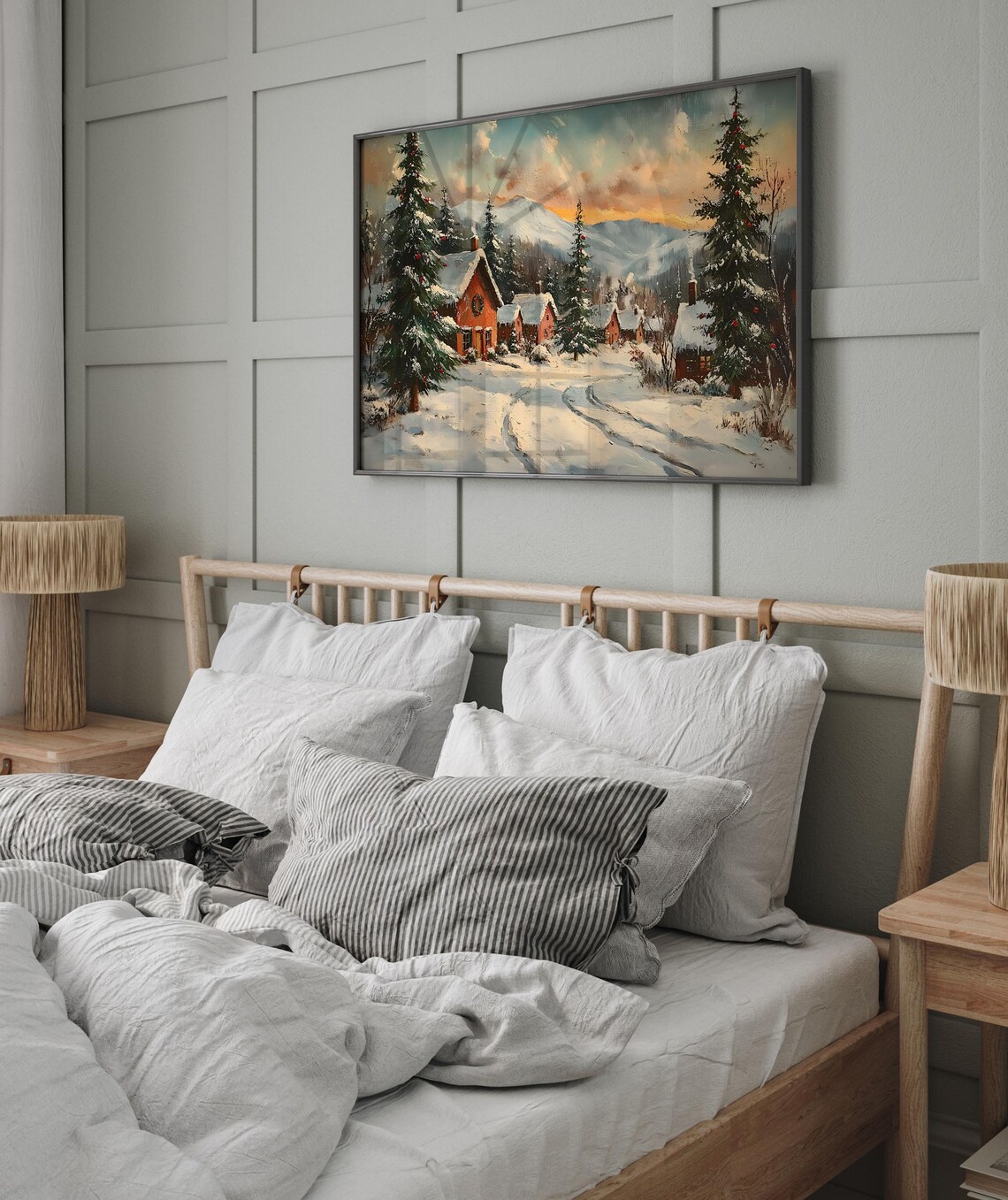 Red Christmas Cabin Sunset Mountain Pines Holiday Oil Painting Poster - Image 7