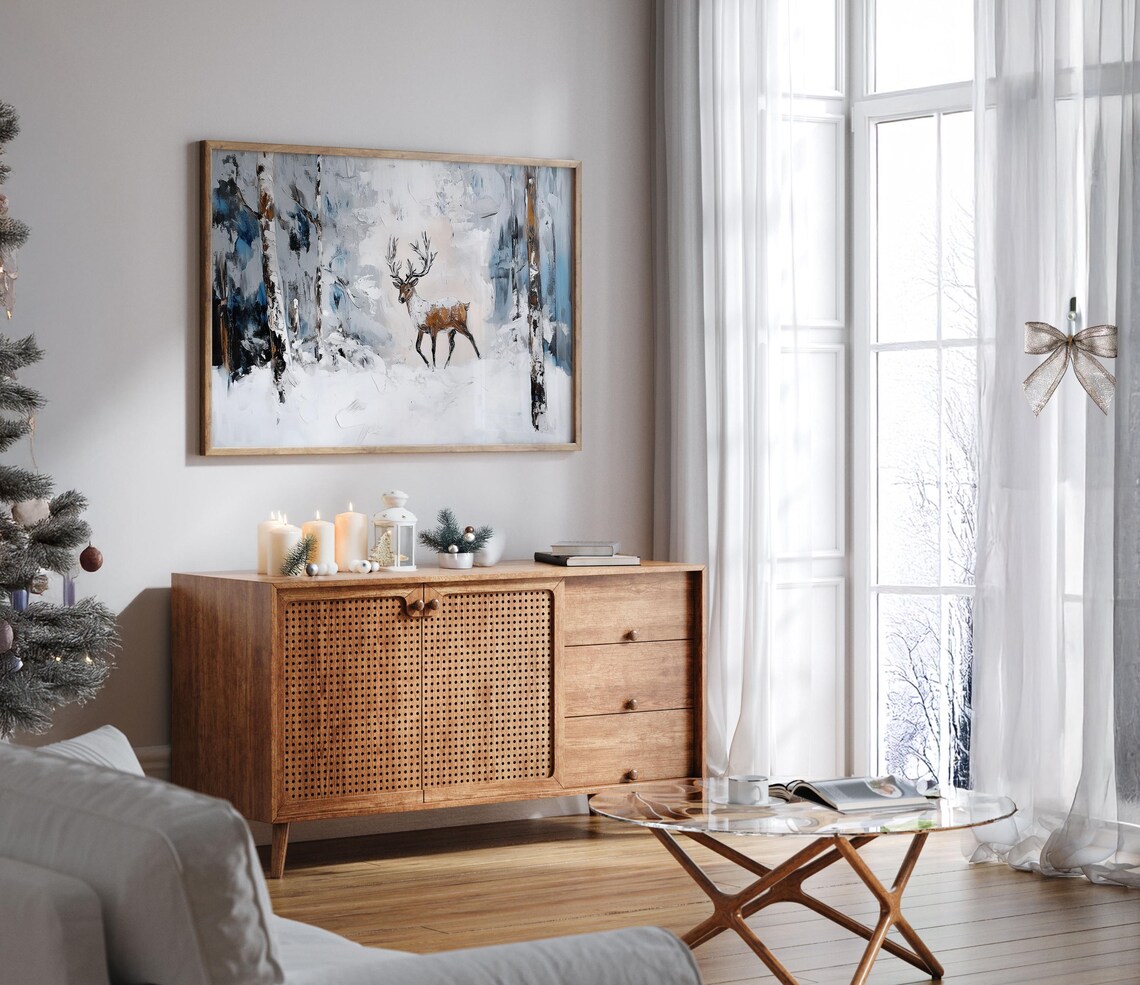 Reindeer Stag in Blue Snowy Forest Loose Winter Oil Painting Poster - Image 7