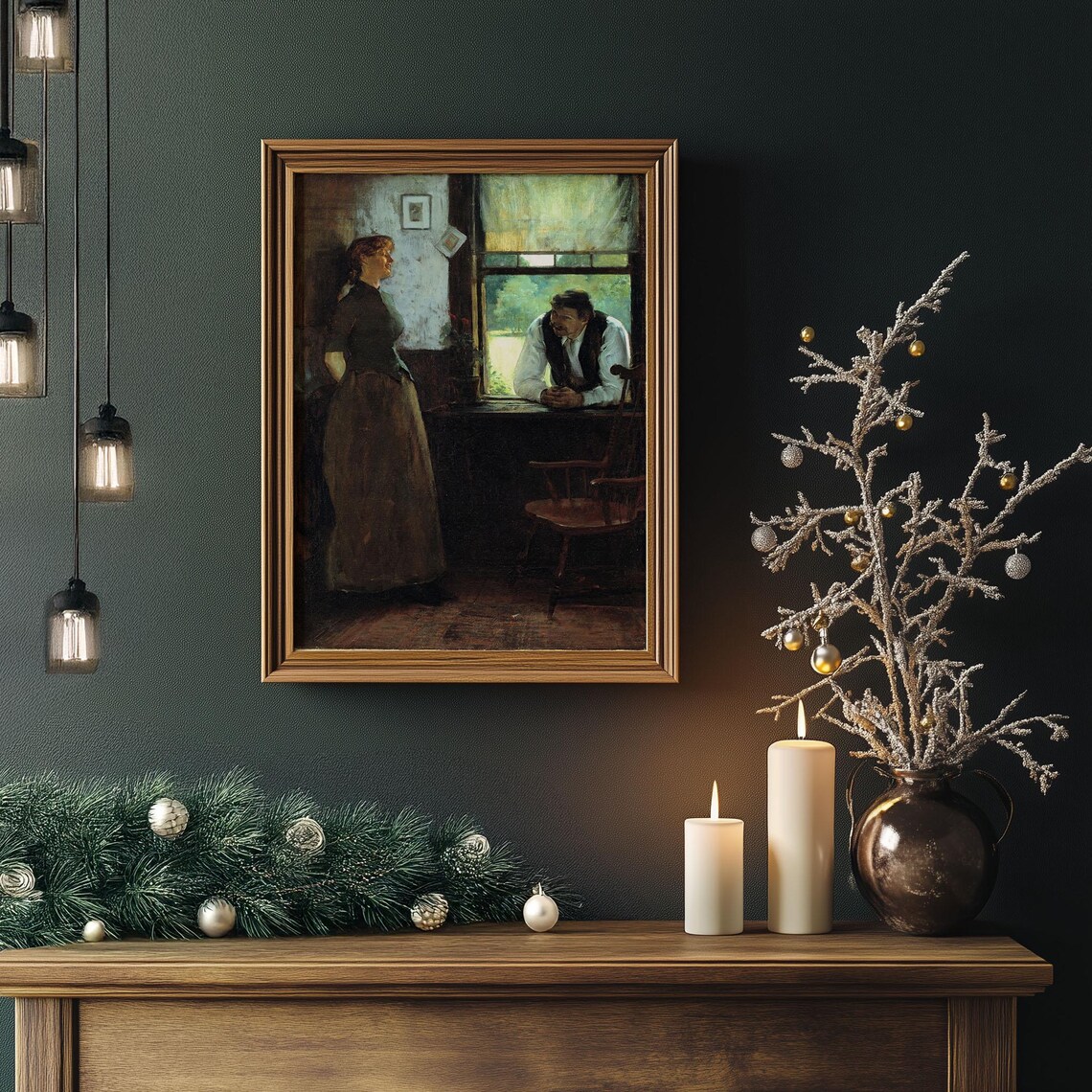 Woman and Man at Window Rustic Vintage Interior Oil Painting Poster - Image 2
