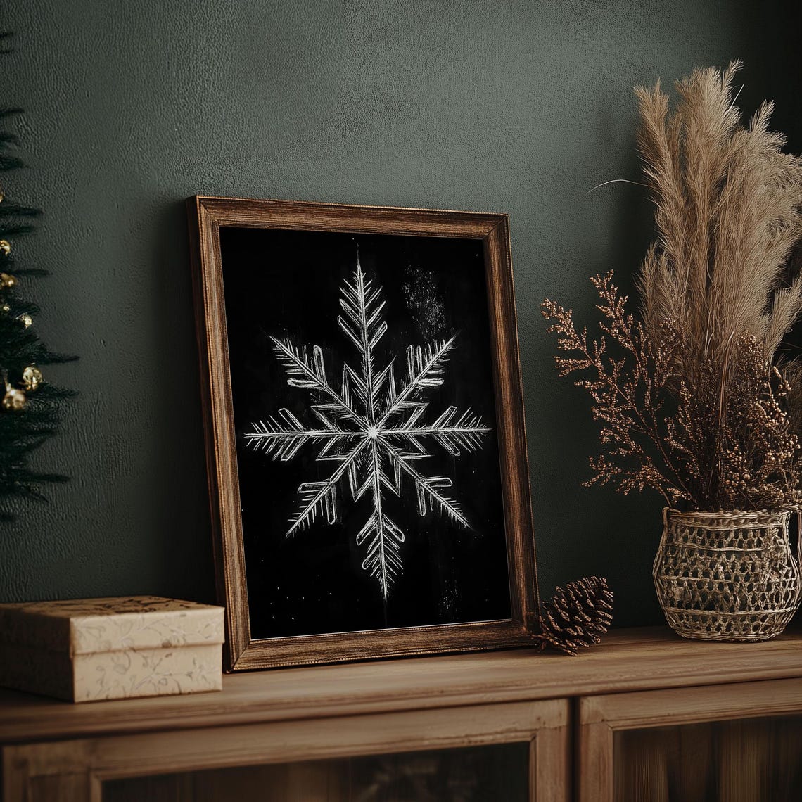 White Snowflake Chalk Drawing on Black Background Winter Poster - Image 7