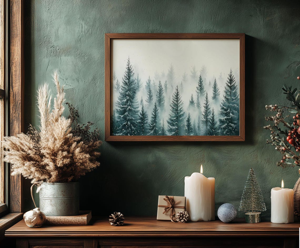 Misty Pine Forest Watercolor Minimalist Winter Landscape Poster - Image 2