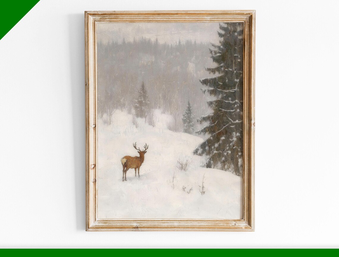 Lone Deer in Vast Misty Snowy Landscape Muted Winter Oil Poster