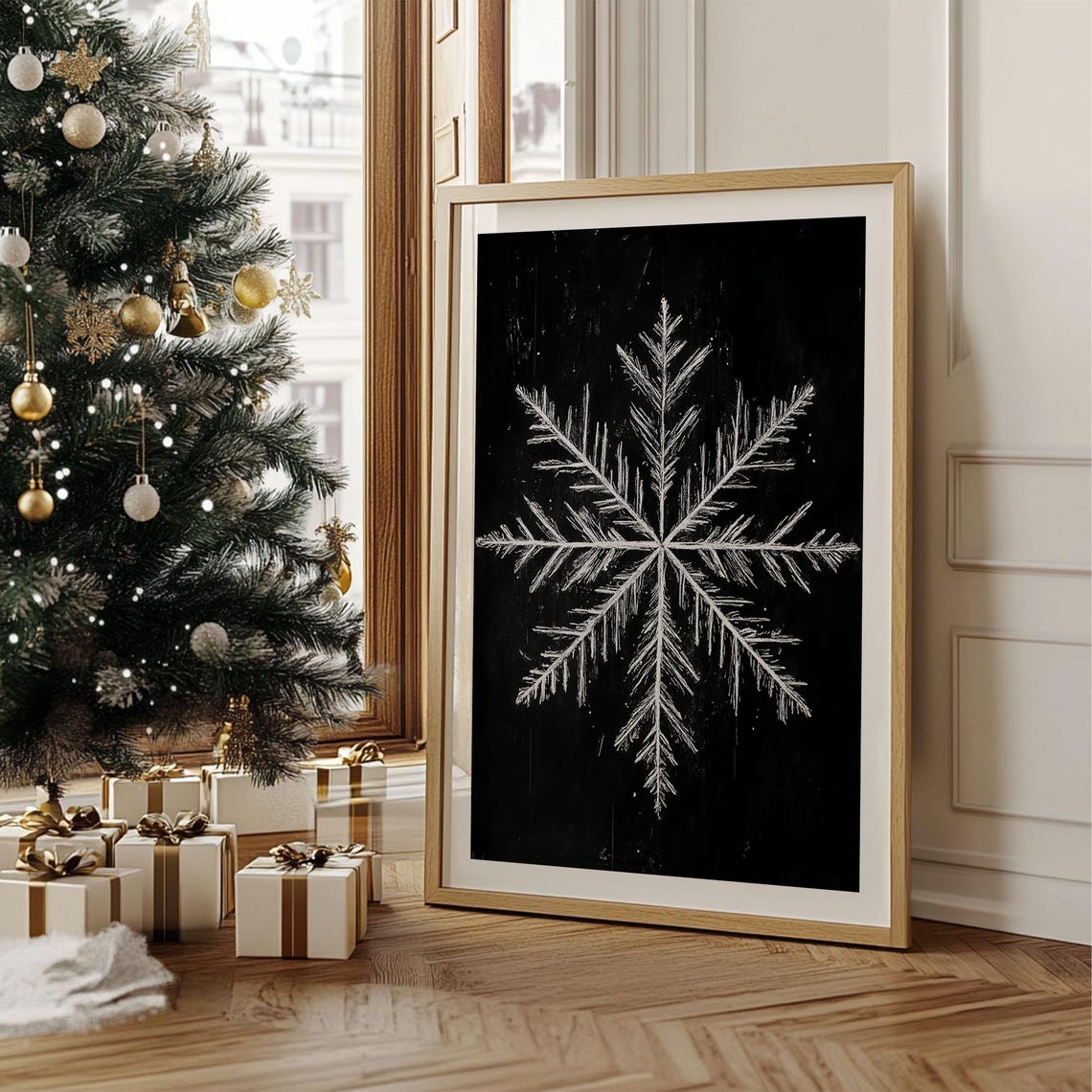 White Snowflake Black Background Minimalist Winter Art Poster - Image 4