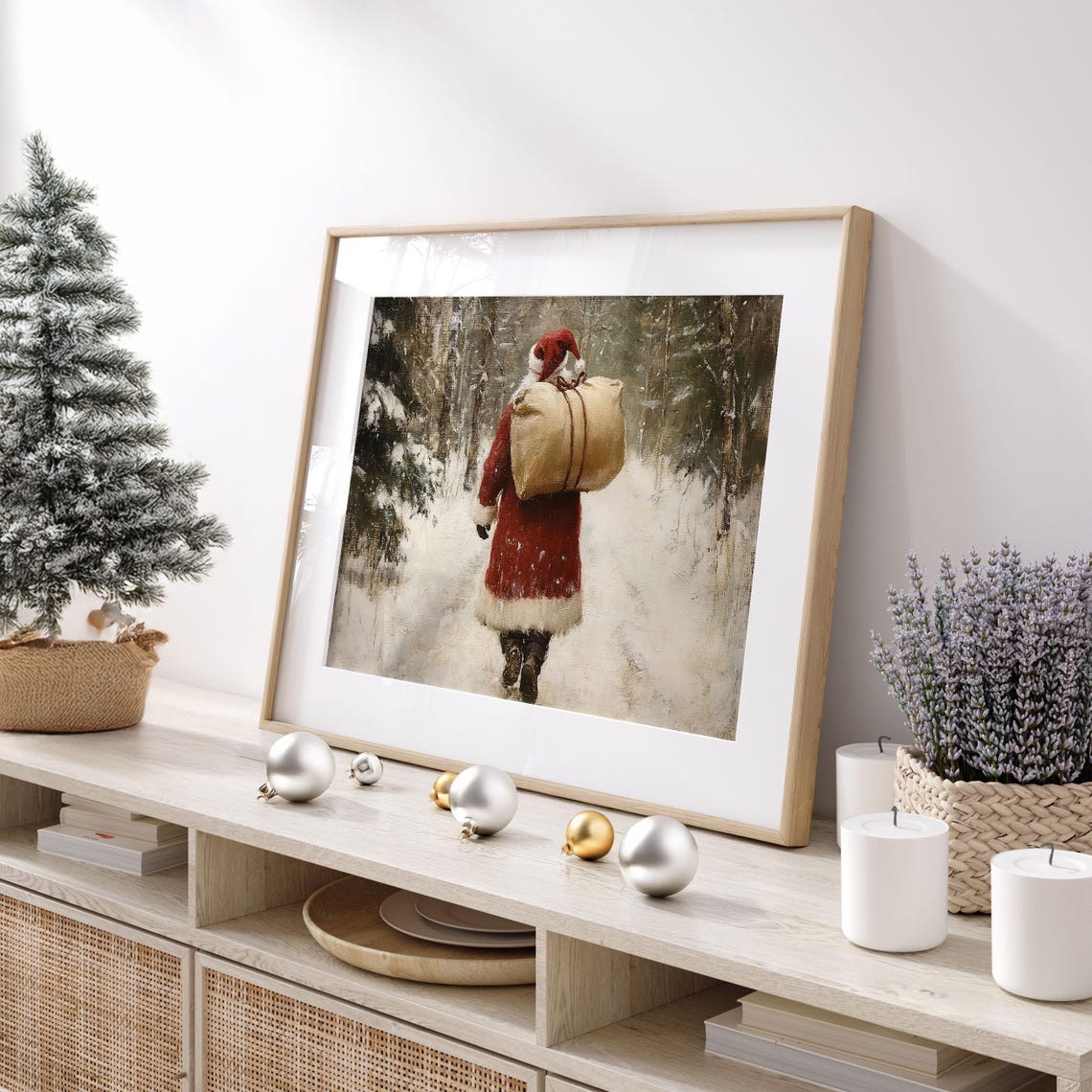 Santa Claus Carrying Gift Sack Through Snowy Forest Vintage Poster - Image 4