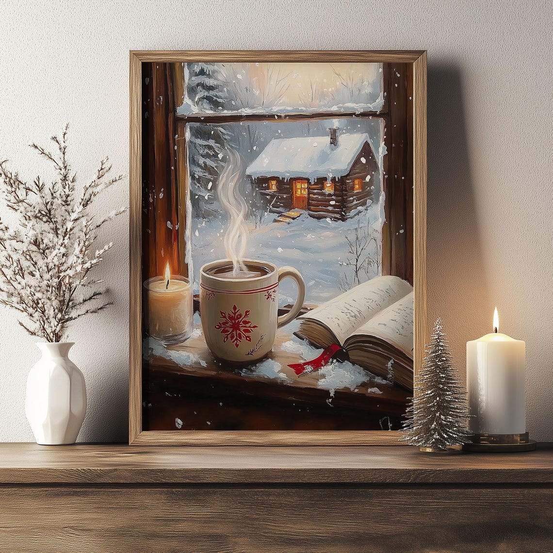 Cozy Cocoa Mug by Frosty Window Snowy Cabin View Winter Wall Art - Image 7