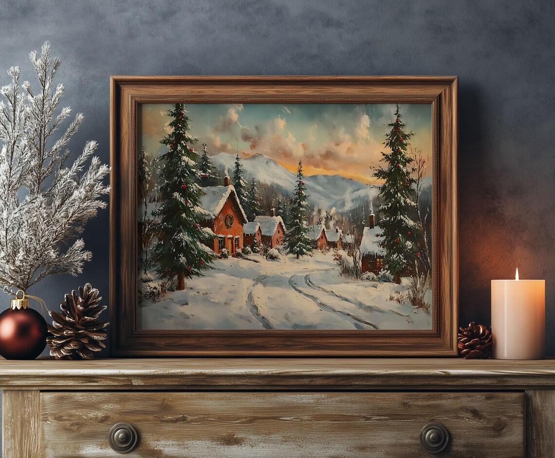 Red Christmas Cabin Sunset Mountain Pines Holiday Oil Painting Poster - Image 2