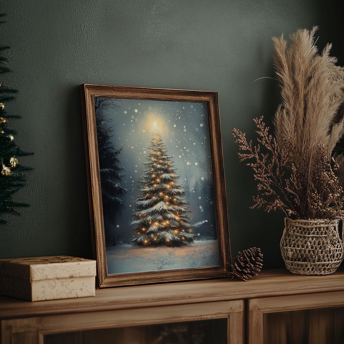 Lit Christmas Tree in Snowy Night with Glowing Lights Holiday Poster - Image 7