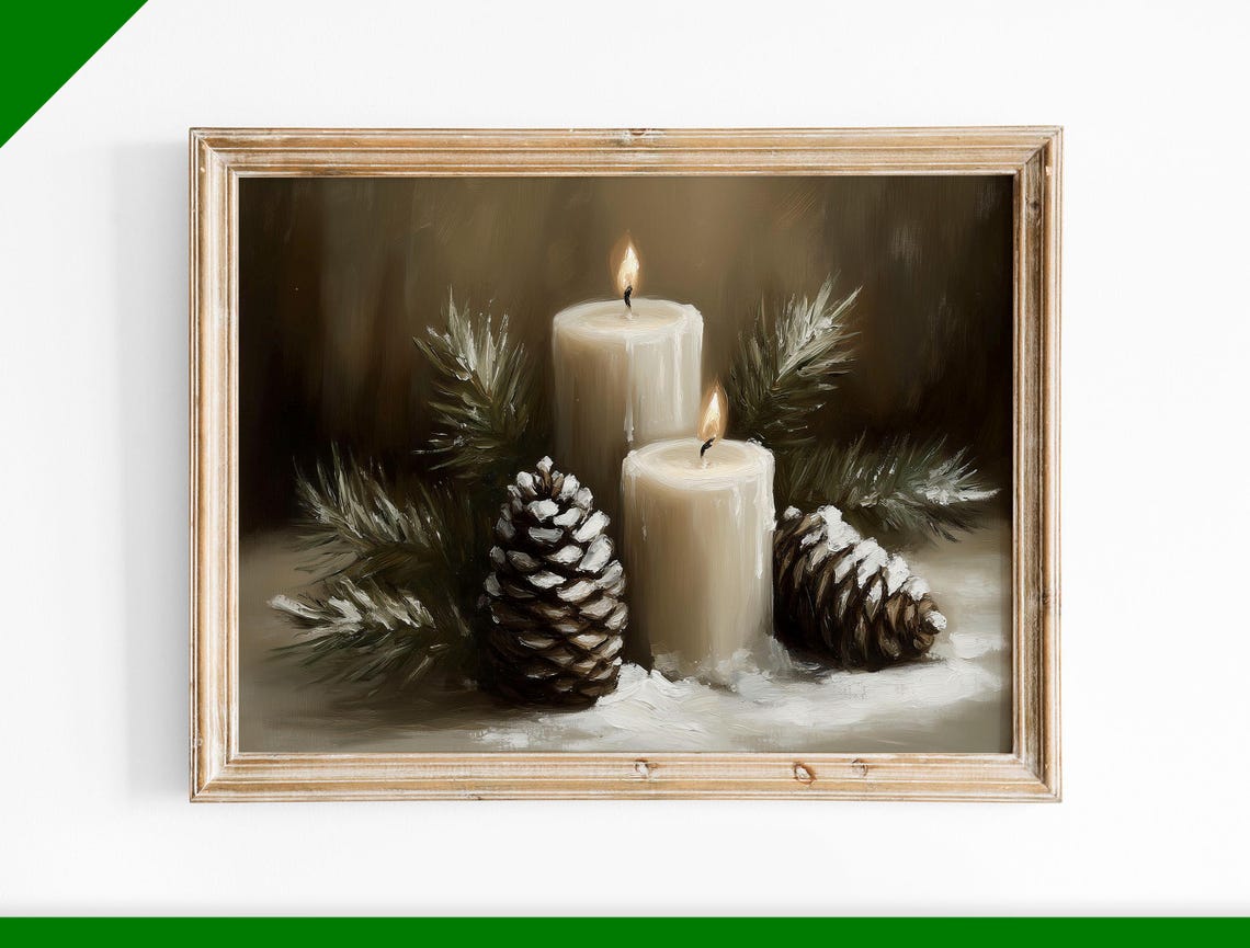 Two Lit Candles With Frosted Pinecones Christmas Still Life Poster