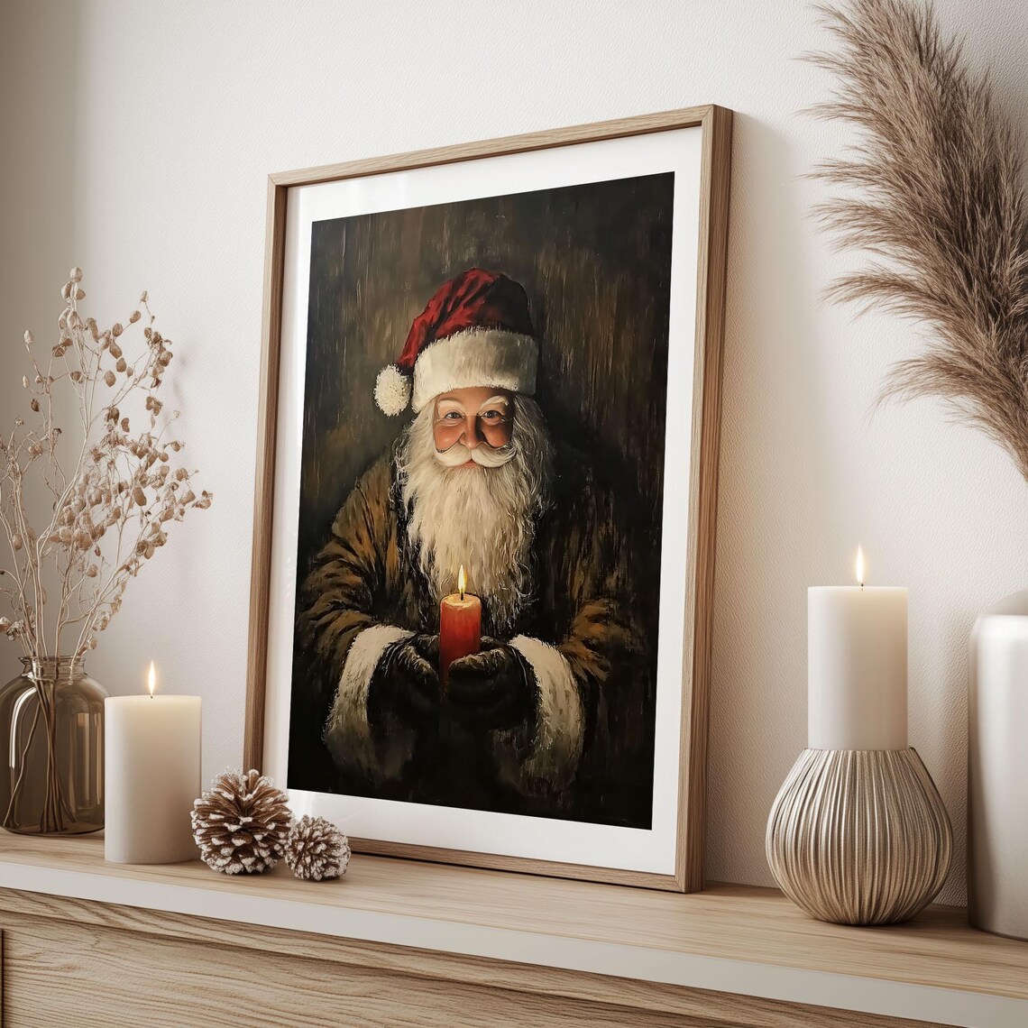 Santa Claus Holding a Candle Dark Rustic Oil Painting Christmas Poster - Image 3