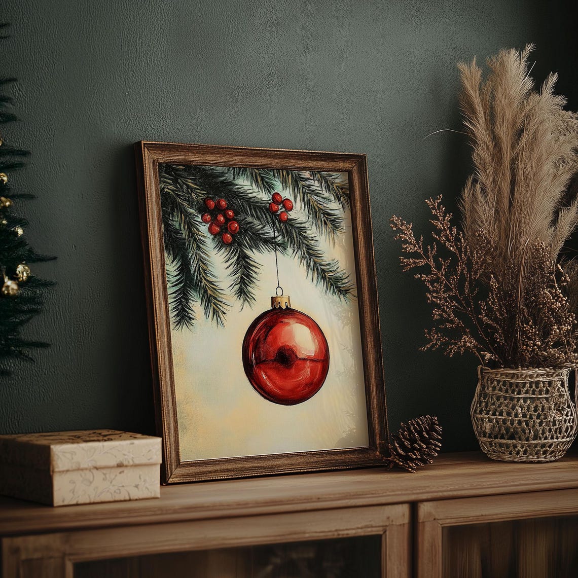 Glossy Red Christmas Bauble Hanging From Pine Branch Vintage Poster - Image 7