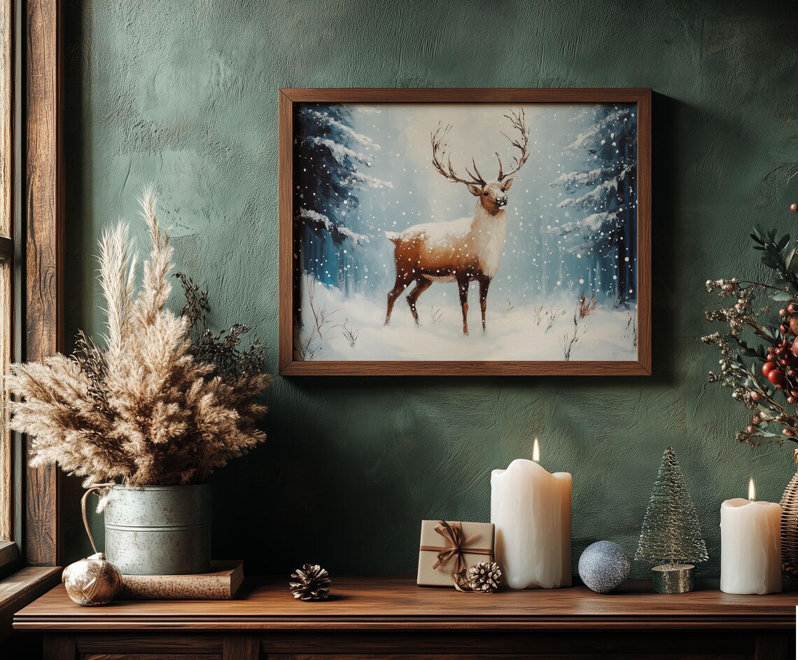 Reindeer in Falling Snow Blue Winter Forest Vintage Painting Poster - Image 6