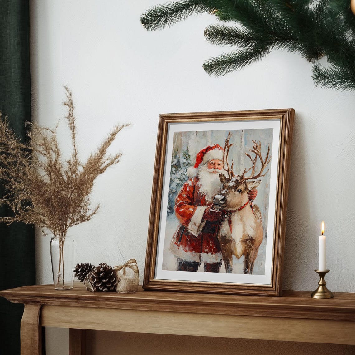 Santa Claus Hugging a Reindeer in the Snow Christmas Painting Poster - Image 6