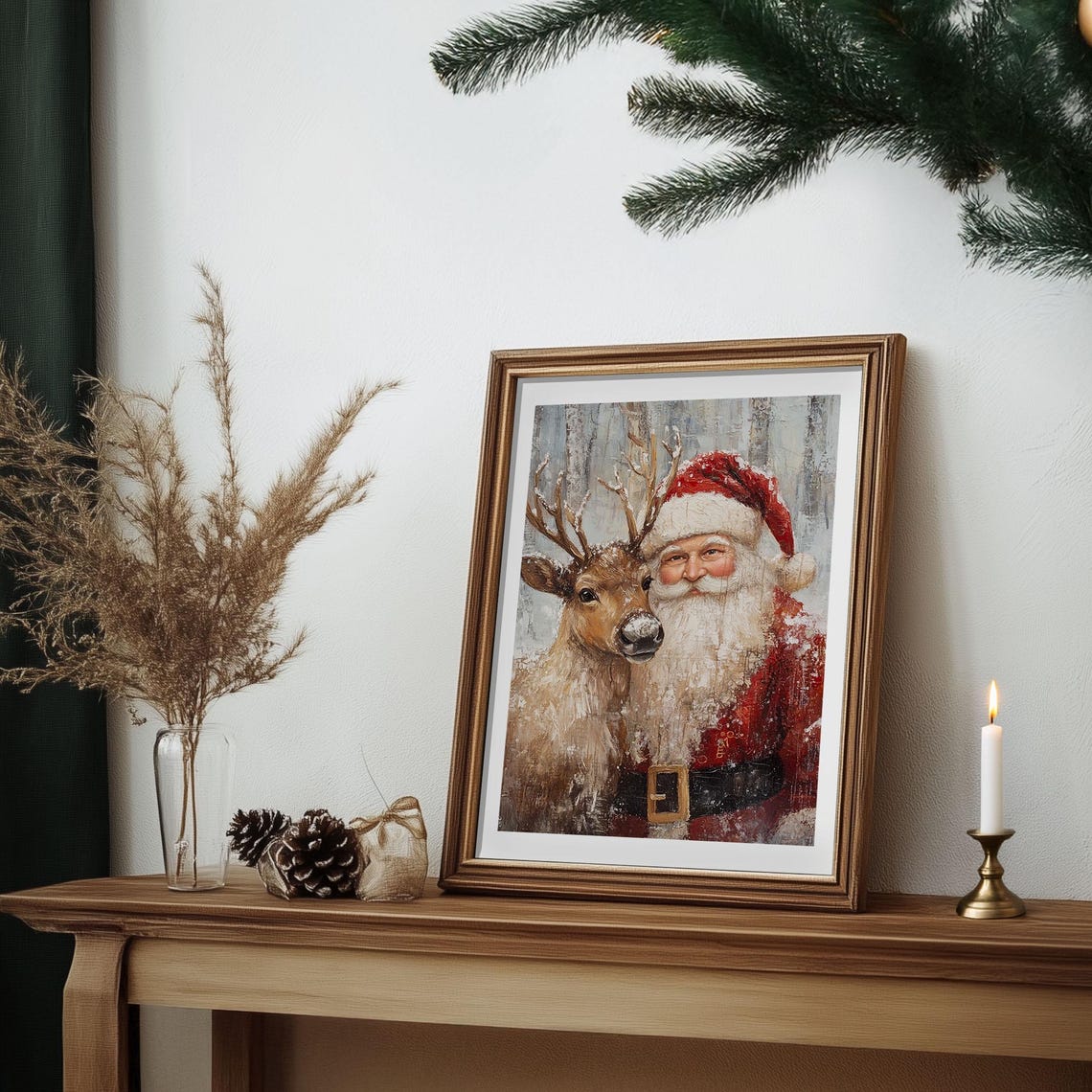 Santa Claus with Reindeer Snow Dusted Portrait Christmas Scene Poster - Image 6