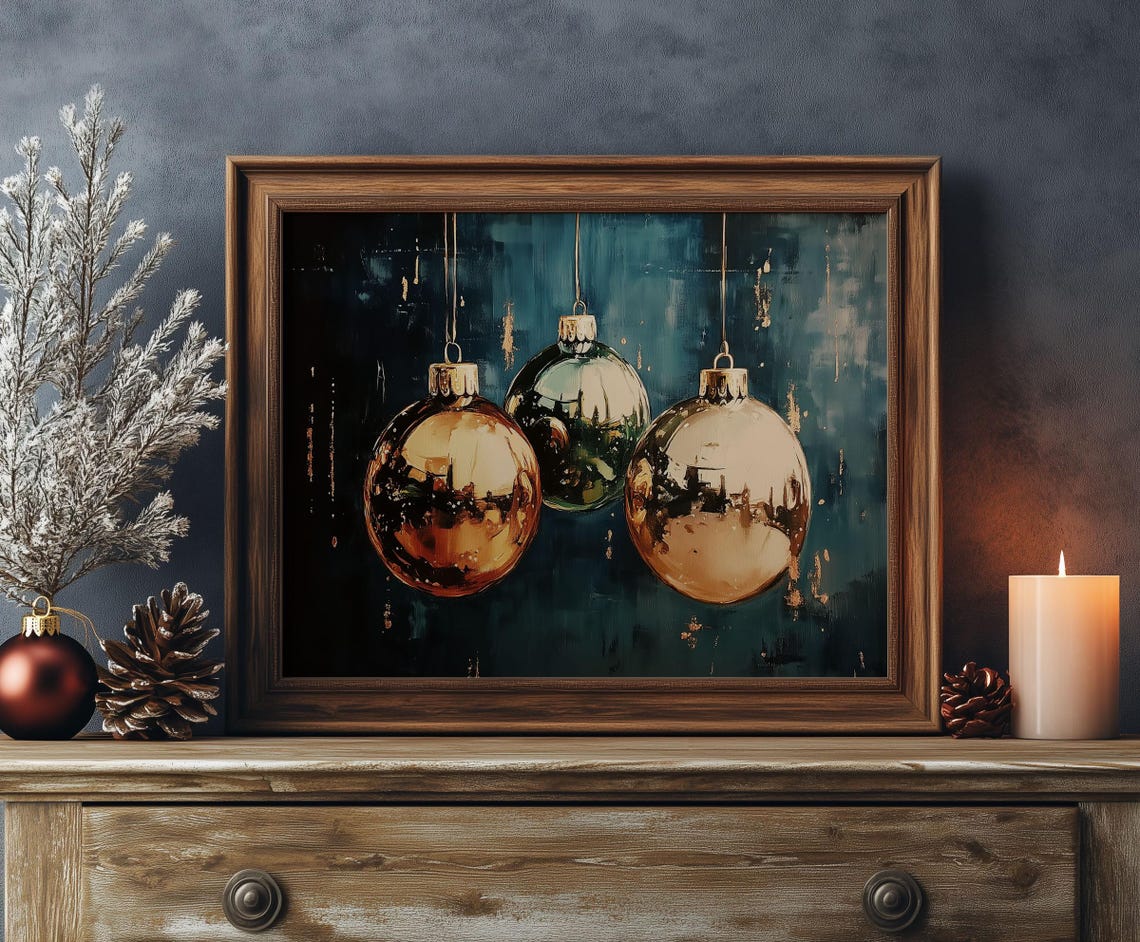 Copper and Green Hanging Christmas Baubles Dark Blue Oil Poster - Image 5