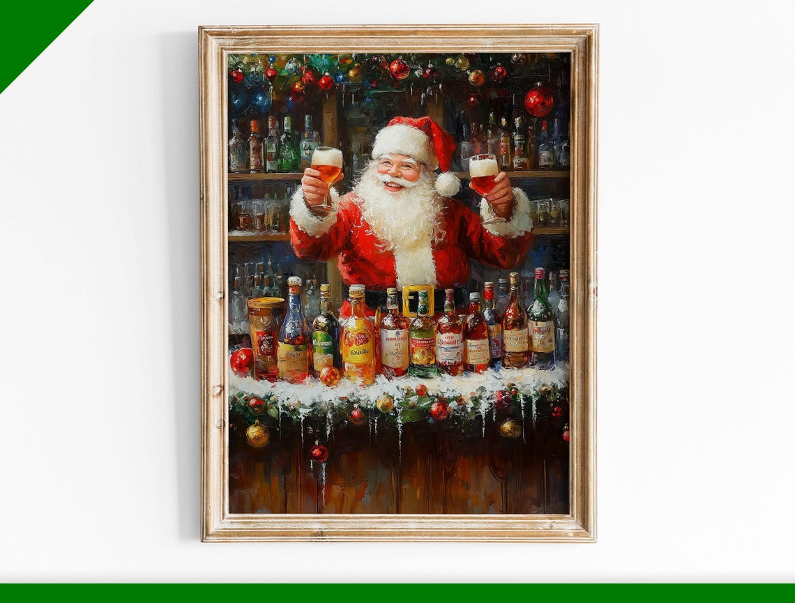 Jolly Santa Claus Bartender Toasting Behind Christmas Bar Poster