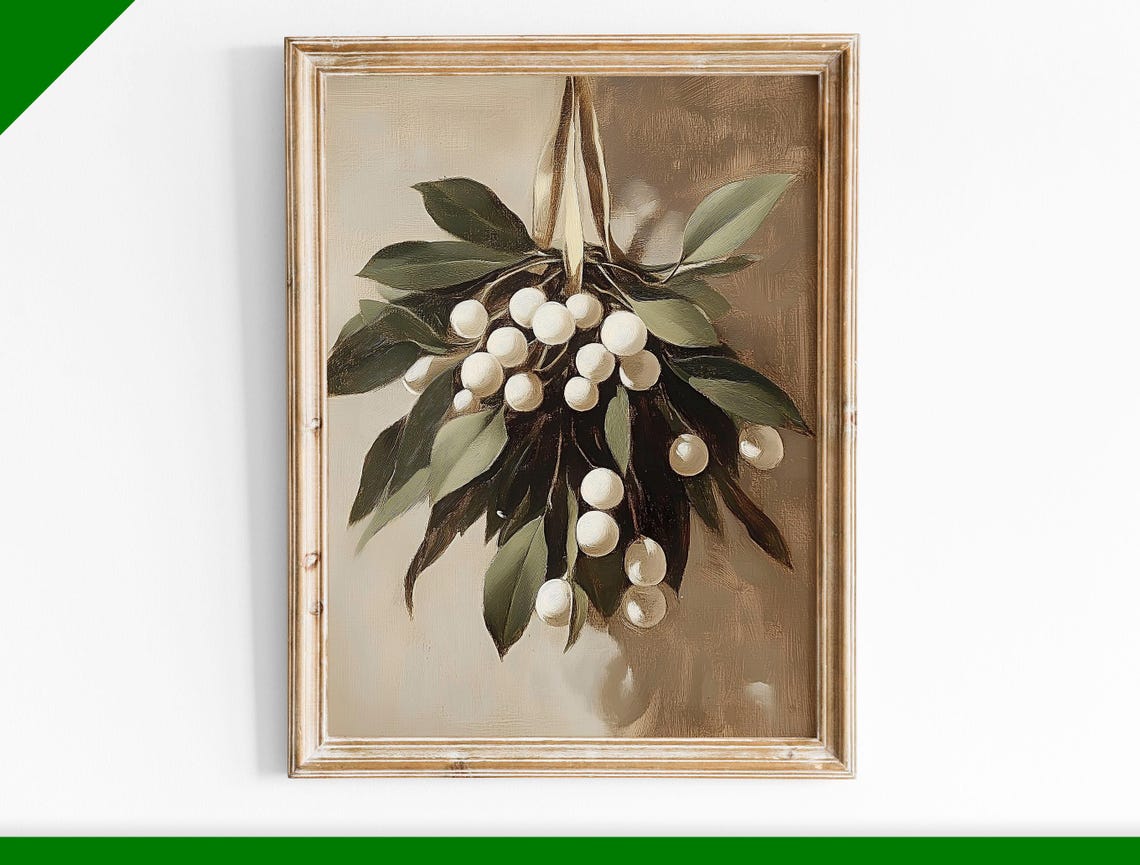 Hanging Mistletoe With White Berries Vintage Botanical Wall Art