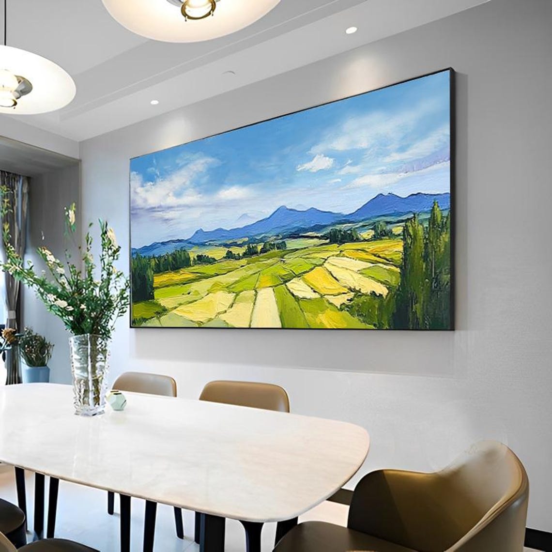 Abstract Oil Painting Blue Sky With White Clouds Distant Mountains Harvest Fields Textured Pastoral Landscape Art For Living Room - Image 5