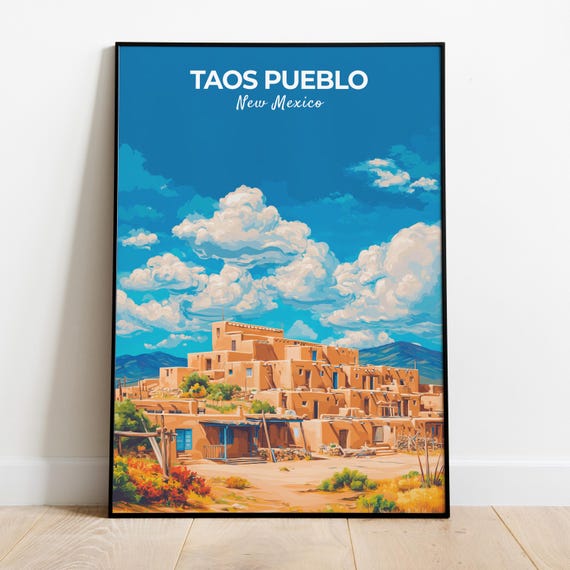 Taos Pueblo Print Travel Poster Of Adobe Village Landmark New Mexico Usa Gift