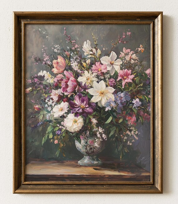 Vintage Floral Bouquet Oil Painting Colorful Flowers Vase Art Print