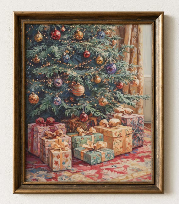 Vintage Christmas Tree Painting Cozy Holiday Wall Art 616