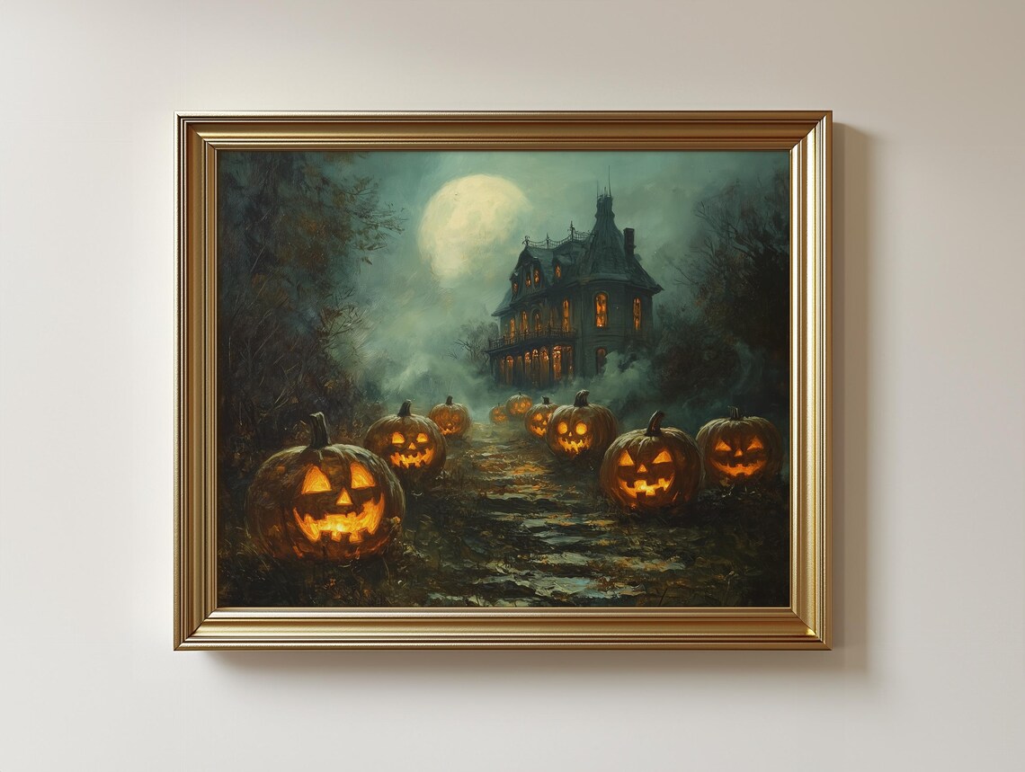 Spooky Cottage Halloween Poster Print, Jackolantern Pathway