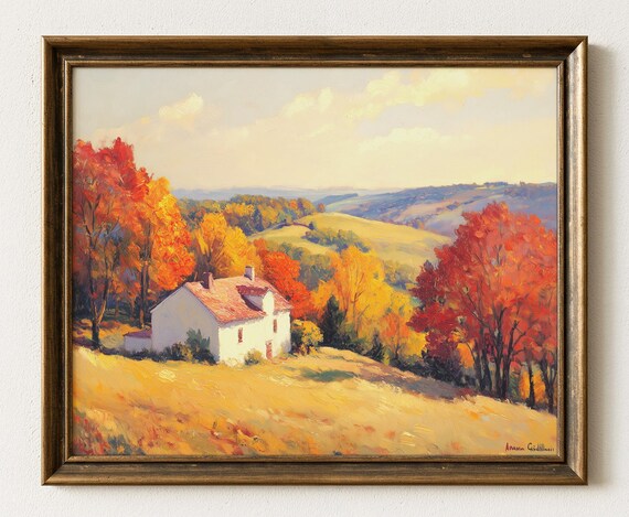 Autumn Hillside Cottage Painting Fall Landscape 554